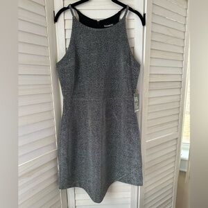 Express mini dress NWT, asymmetrical skirt, sleeveless, silver /black, size L